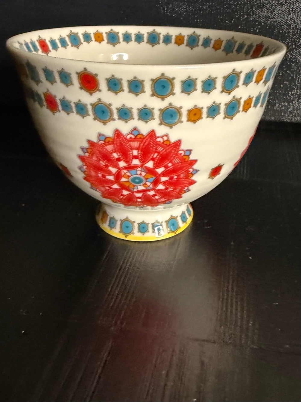 Anthropologie White Ceramic Bowl with Red and Turquoise Floral Motif